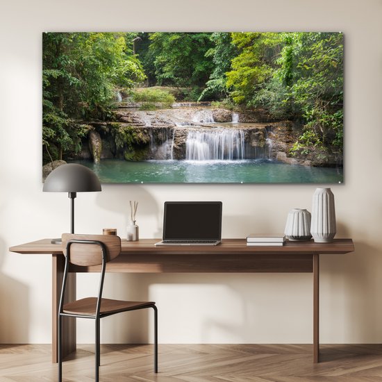 Peinture sur verre - Arbres verts le long de la rivière au-dessus d'une cascade dans le parc national d'Erawan - 160x80 cm - Peintures sur verre acrylique - Photo sur Glas