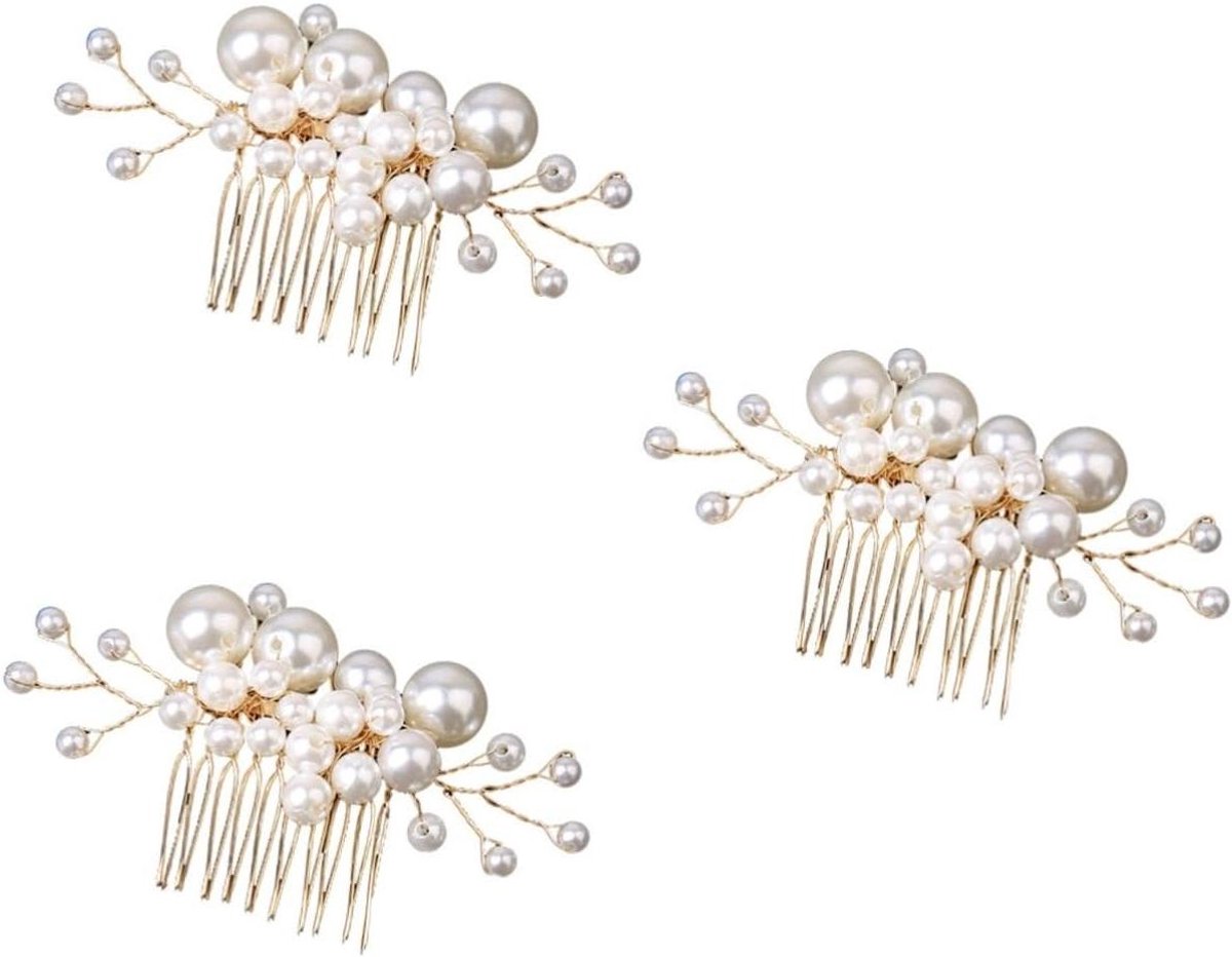 Bruidshaarkam Set - Parels Tiara - Bruiloft Kapsels - Houdt Haar Stevig - 3 Stuks - Goud