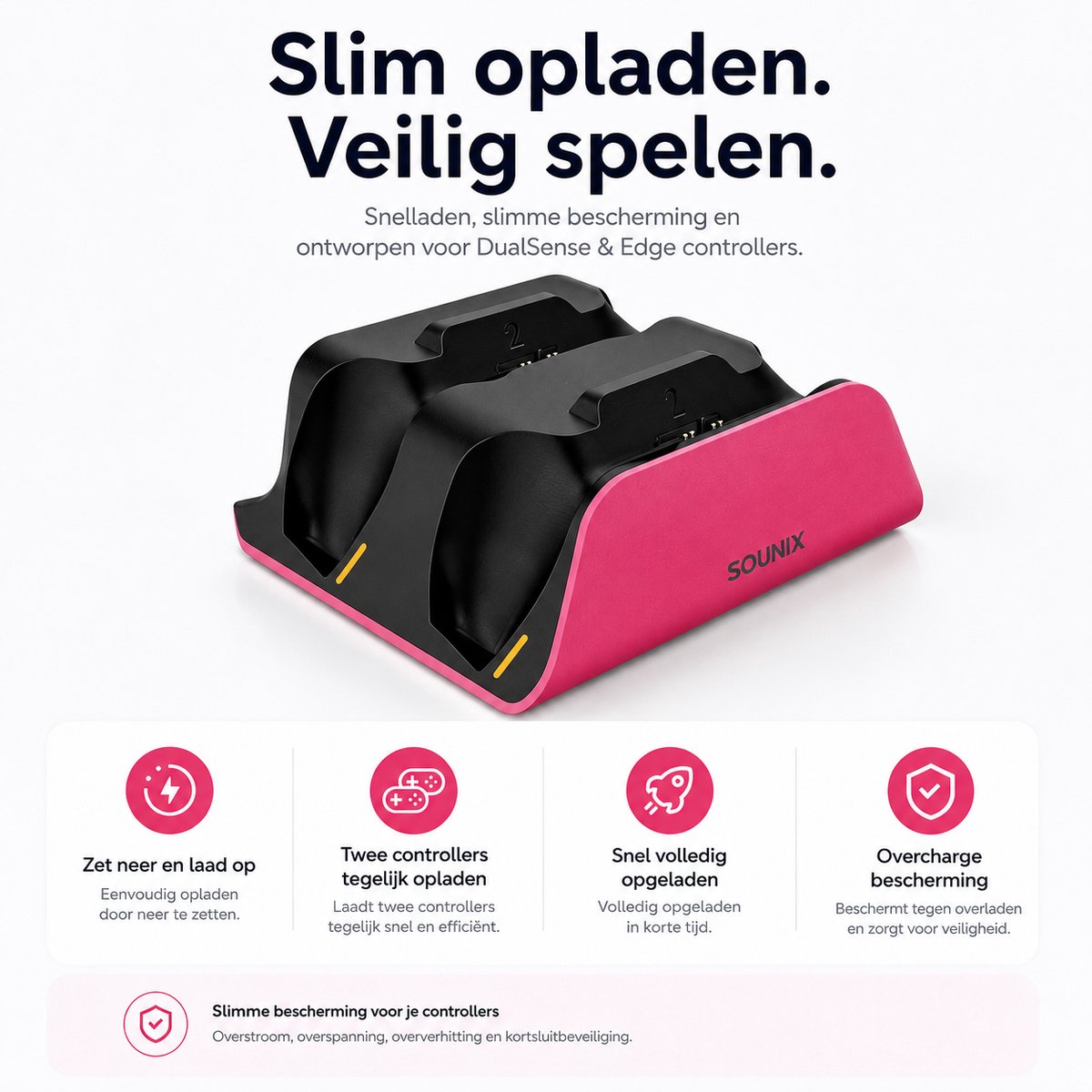 Sounix Oplaadstation geschikt voor PS5 / PS5 Slim / PS5 PRO / DualSense Controller - PS5 accessoires - Dual Oplader - Charging Dock - Roze – foto 5