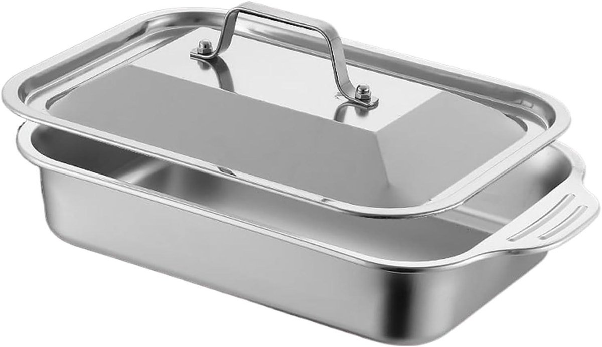 Roestvrijstalen Bakplaat - Ovenschaal met Deksel - Thuis Koken - Gelijkmatige Warmteverdeling - 46.5 x 28.5 cm - Zilver