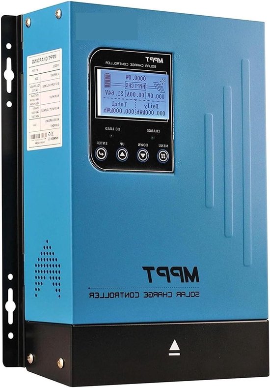 Blauwe MPPT zonne-laadregelaar met zwart accent, display en knoppen, achterkant met ventilatie.
