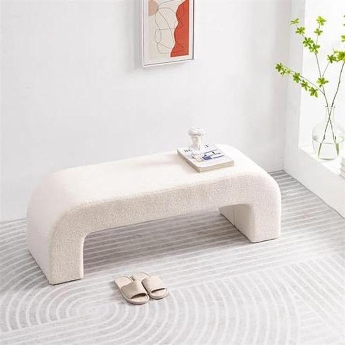 Boucle Bank - Ottomaans Poef - Extra Zitplaats - Zachte Sherpa Stof - 60 cm Lengte - Wit