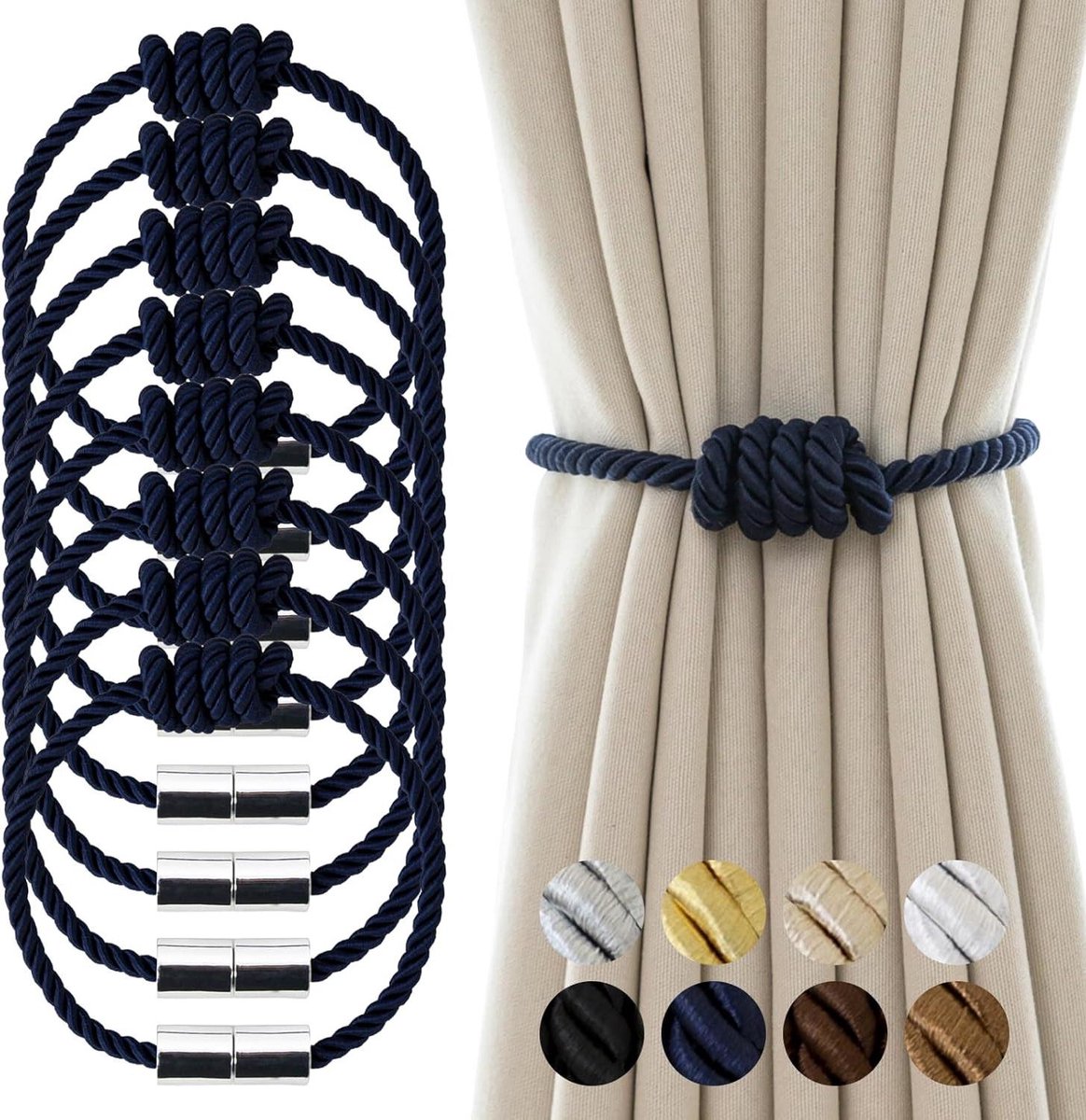 Gordijnbinders - Touwhouders - Gordijnen Fixeren - Magnetisch Ontwerp - 8 Stuks - Marineblauw