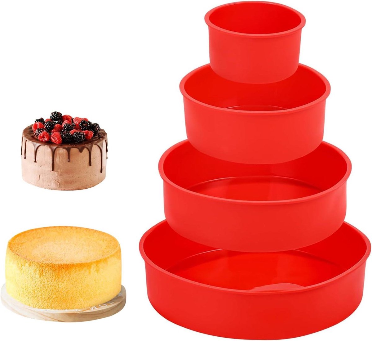 Siliconen bakvorm - Taartvorm rond - Taarten bakken - Set van 4 - Tot 33 cm - Rood