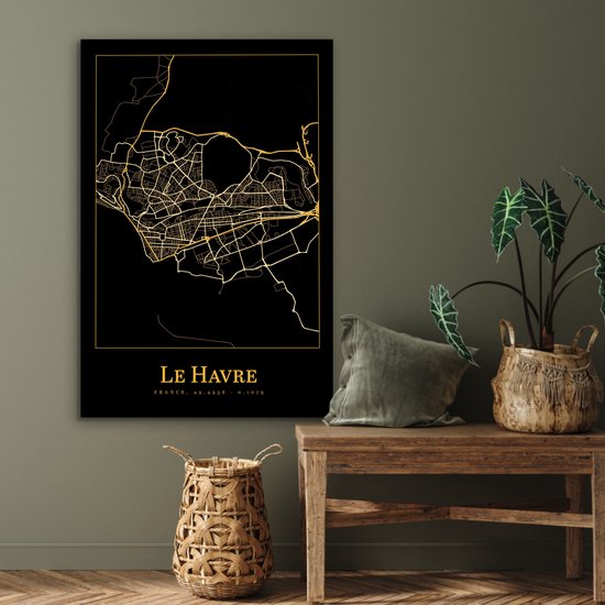 Aluminium schilderij 80x120 cm - Wanddecoratie metaal - Kaart - Le Havre - Zwart - Goud - Metalen muurdecoratie woonkamer - Decoratie industrieel - Foto op dibond - Industriële accessoires slaapkamer