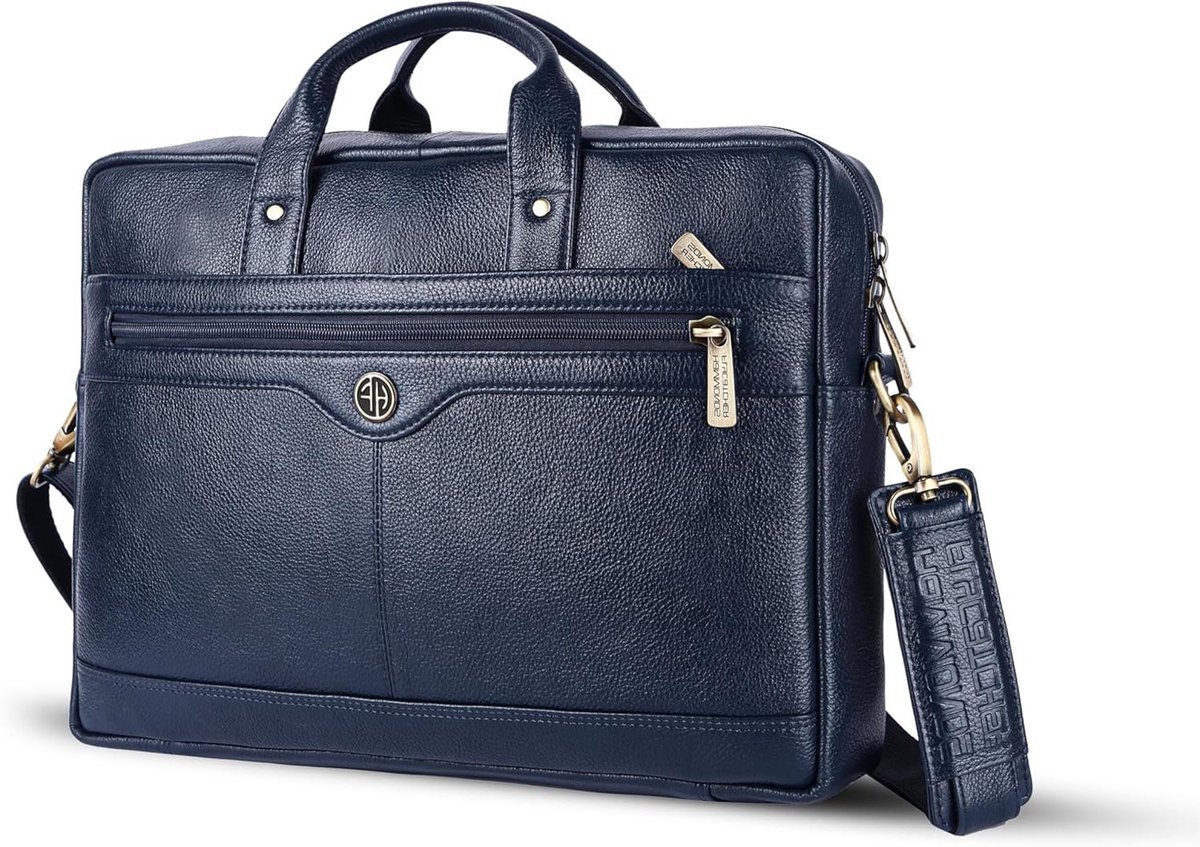 Laptoptas Leer - Schoudertas Heren - Zakelijk Reizen - Waterafstotend - 40 x 27 cm - Blauw