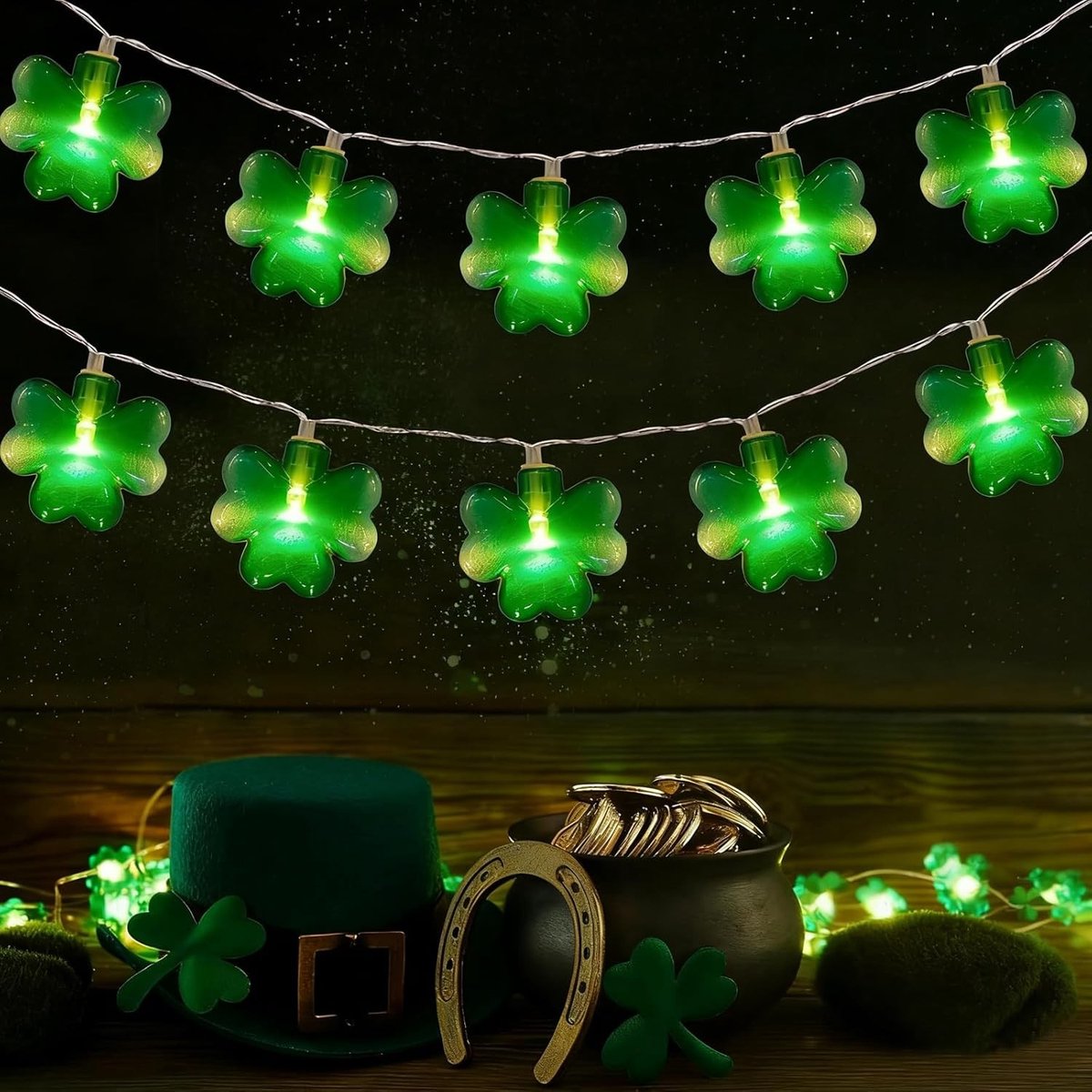 SPHProducts - LED sfeerverlichting - St. Patrick's Day - Clover Shape - Groen - 3 m - 20 Lights - Batterijgevoed - Constant en Knipperend licht - Binne...