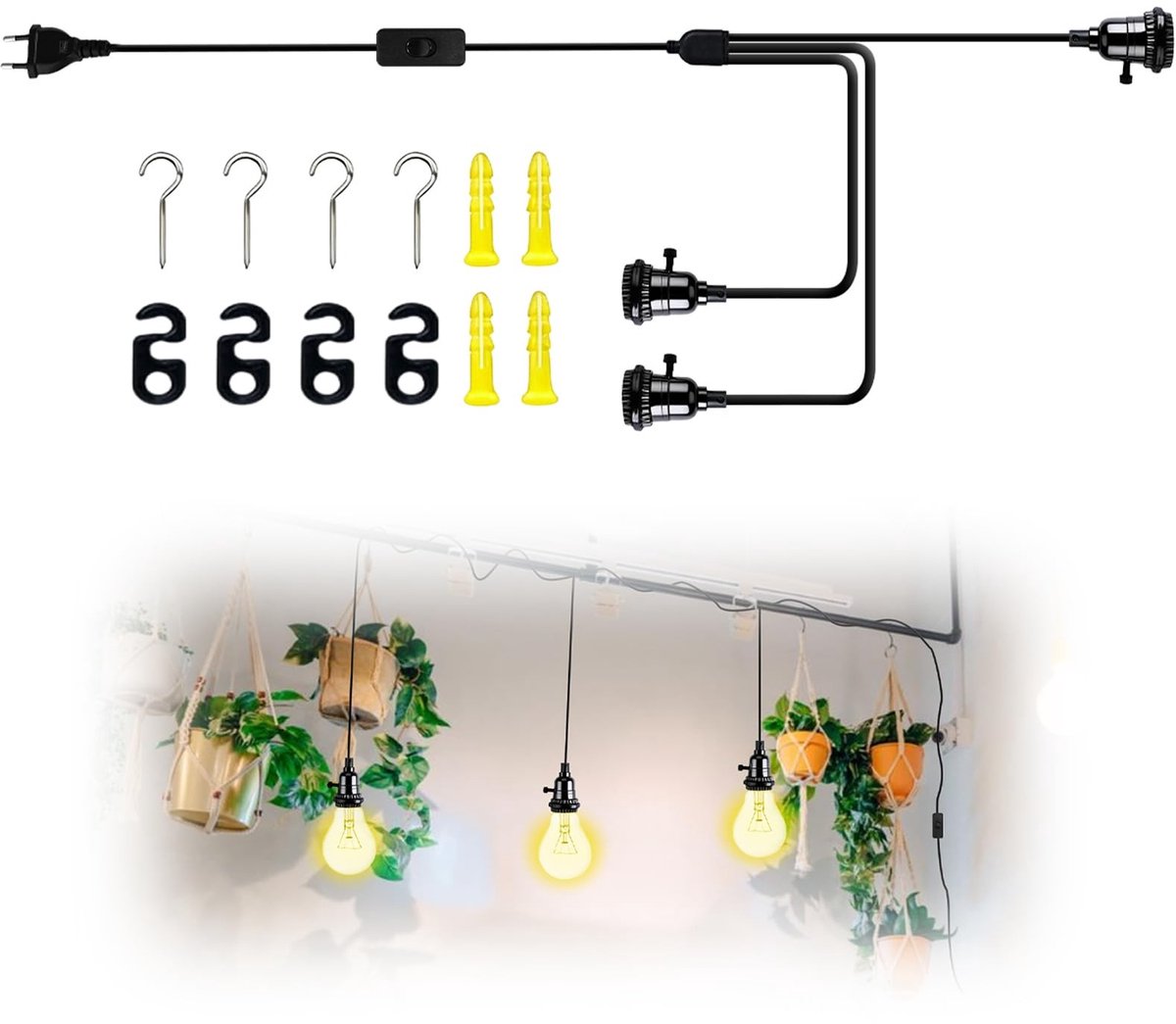 aladdien - Hanglamp - Vintage Stijl - Met Stekker en Schakelaar - E27 - 6.3 Meter Kabel - Geschikt voor Binnen en Buiten - Kleur Zwart