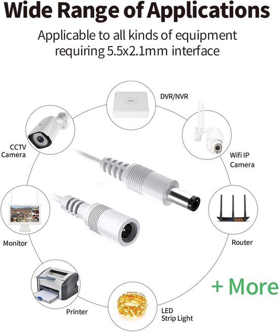 3 Meter Kabelverlenger 55 x 21 mm Vrouwelijke naar Mannelijke Connector Compatibel met TAPO Reolink TP-Link NETGEAR Smallrig Camera's IP-camera's LED-strips en DVR - Wit - 12V DC van ELEADS — afbeelding 3