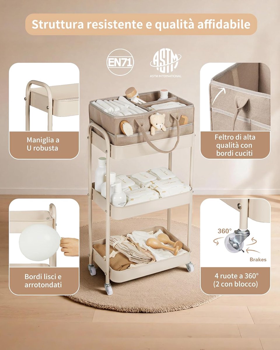 Opbergwagen Babykamer - Nachtkastje Organizer - Baby Spullen Opslag - Verrijdbaar en Verwijderbaar - 3 Lagen - Bruin – foto 2