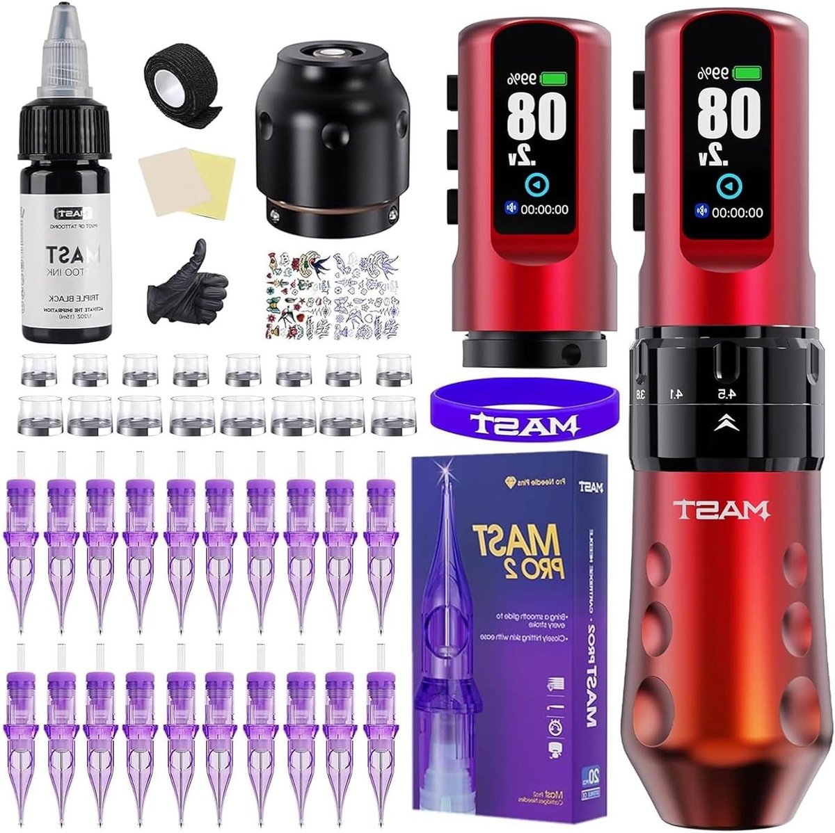 Tattoo Machine Set - Draadloze Machine - Professioneel Zetten - 7 Slaglengtes Instelbaar - 2 Accu's 2000 mAh - Rood