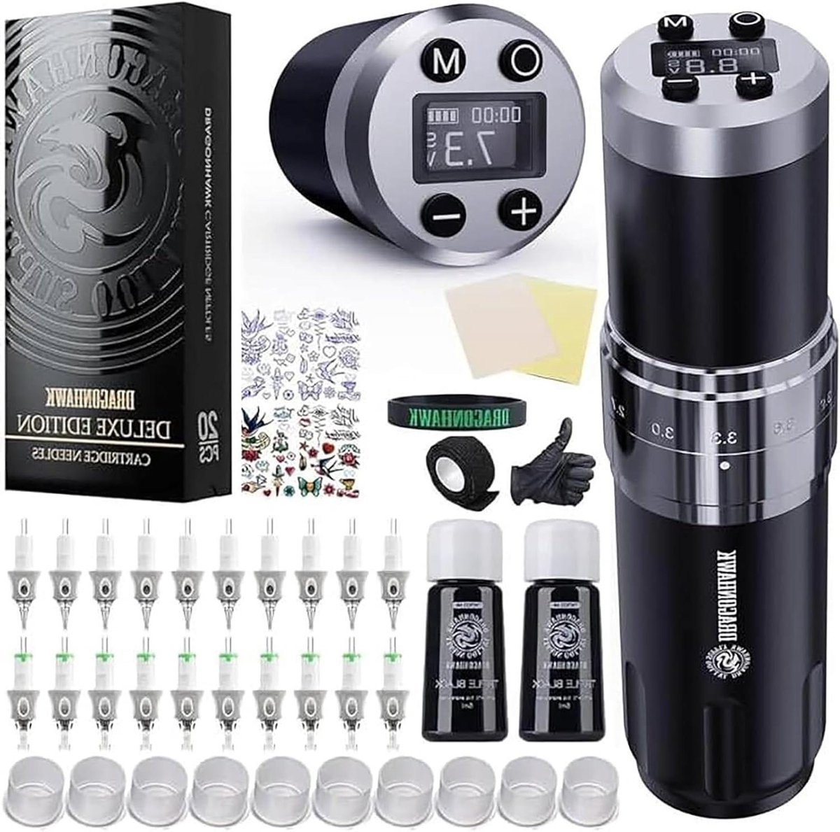 Draadloze Tattoopen - Rotary Machine - Professioneel Tattoëren - Verstelbare Slaglengte - 20 Cartridges - Zwart