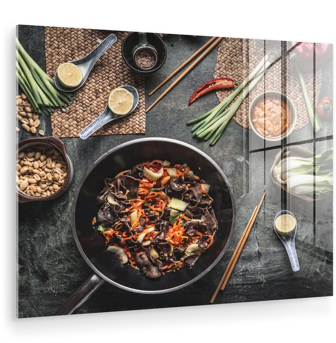 ® Glasschilderij 80x60 cm - Schilderij acrylglas - Wok uit de Aziatische keuken - Foto op