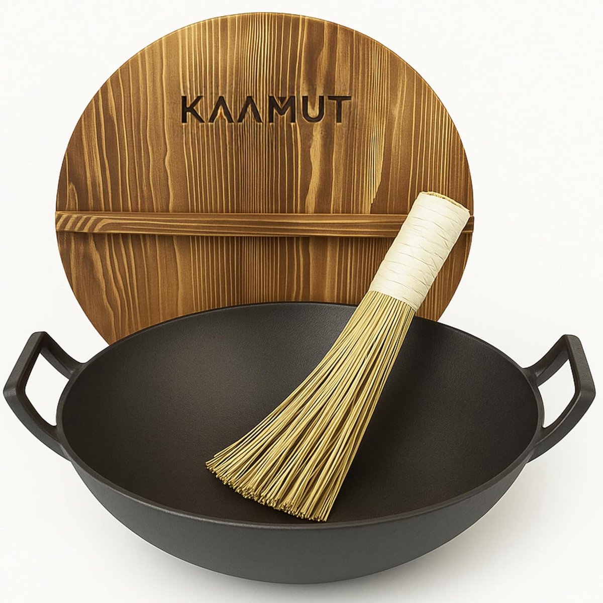 Professionele Gietijzeren Wokpan Ø36 cm met Houten Deksel en Bamboe Borstel