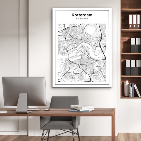 Décoration murale Métal - Peinture Aluminium Industriel - Plan de la ville - Rotterdam - Zwart - 90x120 cm - Dibond - Photo sur aluminium - Décoration murale industrielle - Pour le salon / chambre