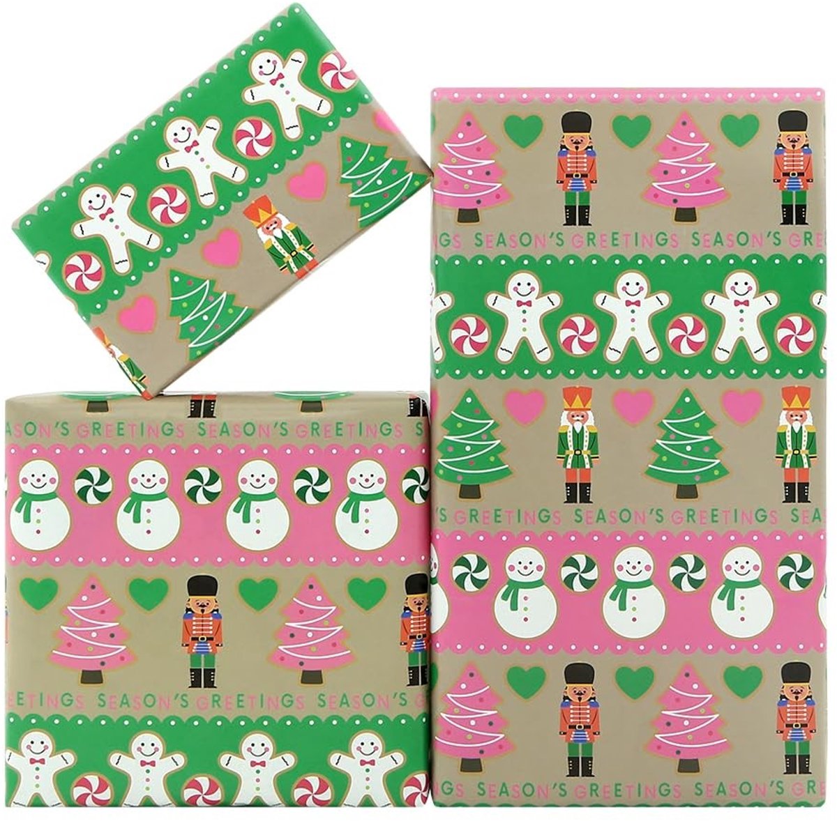 aladdien - Kerstinpakpapier - Peperkoekman - Feestelijk en kleurrijk - Roze en groen - Sneeuwpop en notenkraker - Perfect voor kerst en verjaardagen...