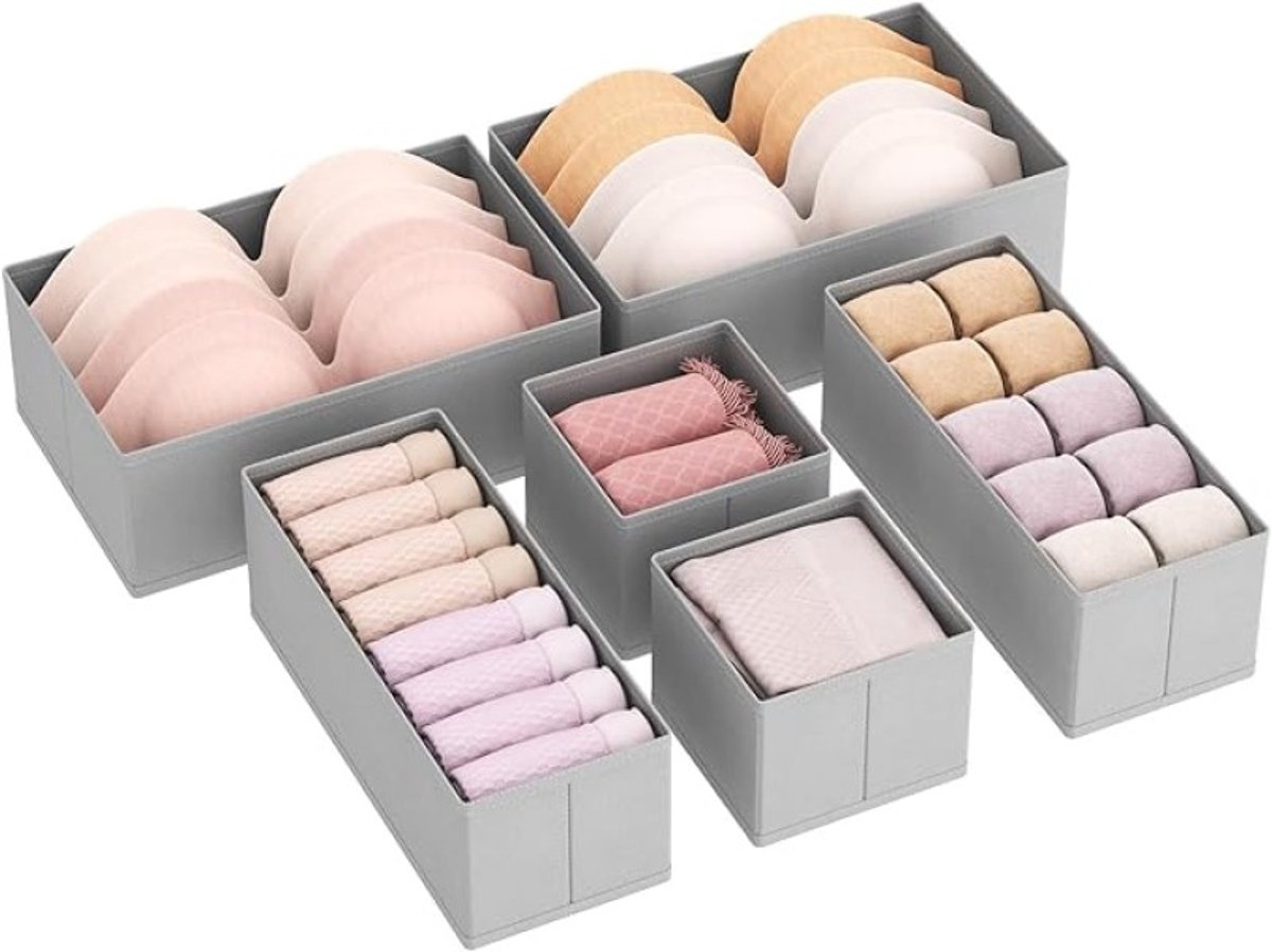 Opvouwbare lade-organizer set van 6 - Grijze stoffen opbergdozen voor kleding