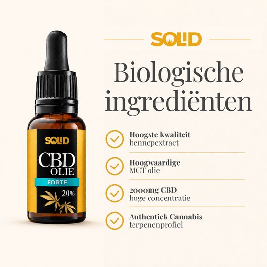 Amberkleurig flesje CBD olie 20% Forte met druppelaar. Benadrukt biologische ingrediënten, hoogste kwaliteit hennep-extract en MCT olie.