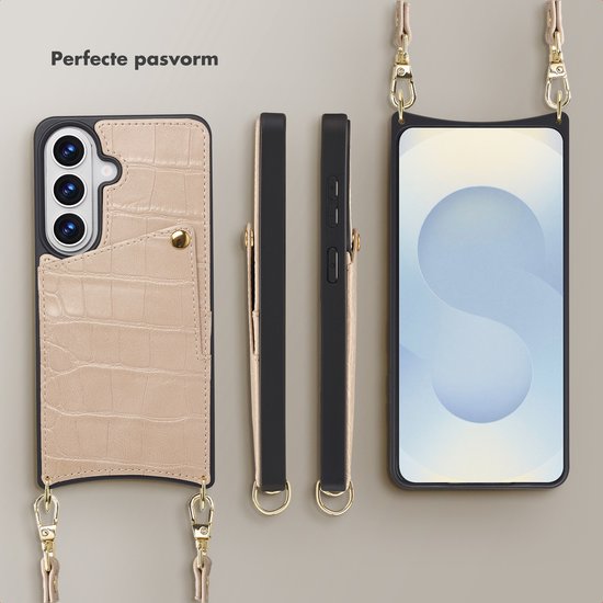 Beige telefoonhoesje met croco-textuur, pasvorm, achterkant, zijkanten en draagkoord.