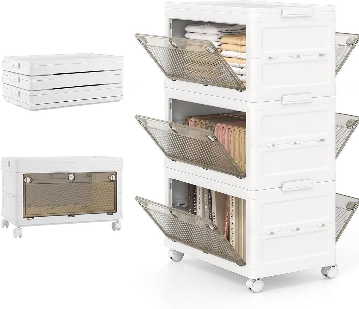 Opbergbox met Wielen - Stapelbare Box - Ruimte Besparen - Dubbele Deuren - 168 Liter - Wit Bruin
