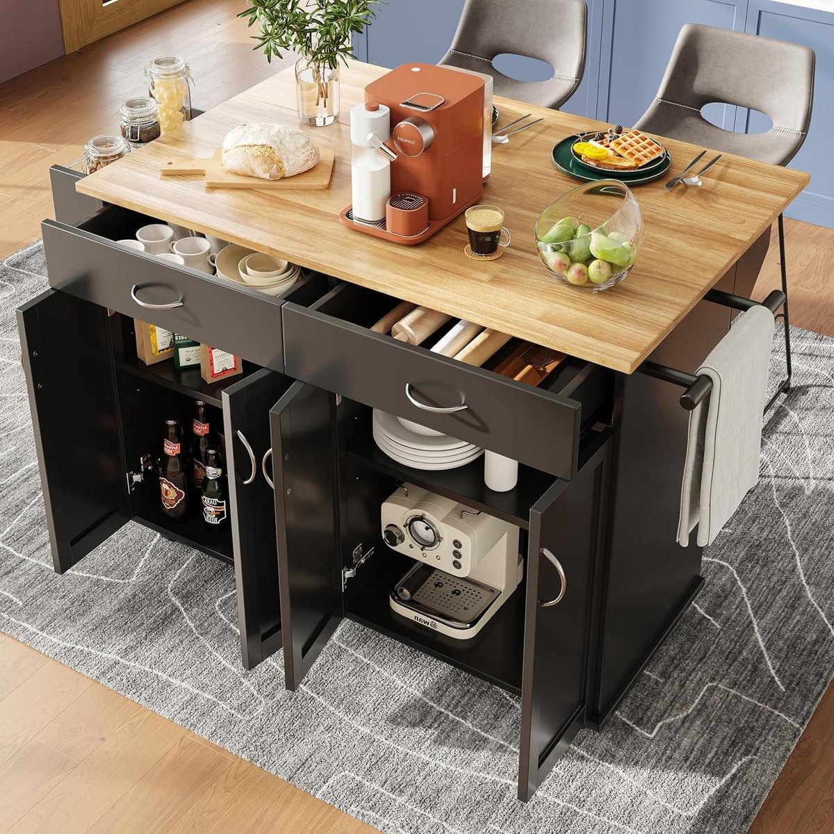 Keuken Eiland - Verrijdbare Trolley - Compact Wonen - Inklapbaar Tafelblad - 106 x 50 cm - Zwart