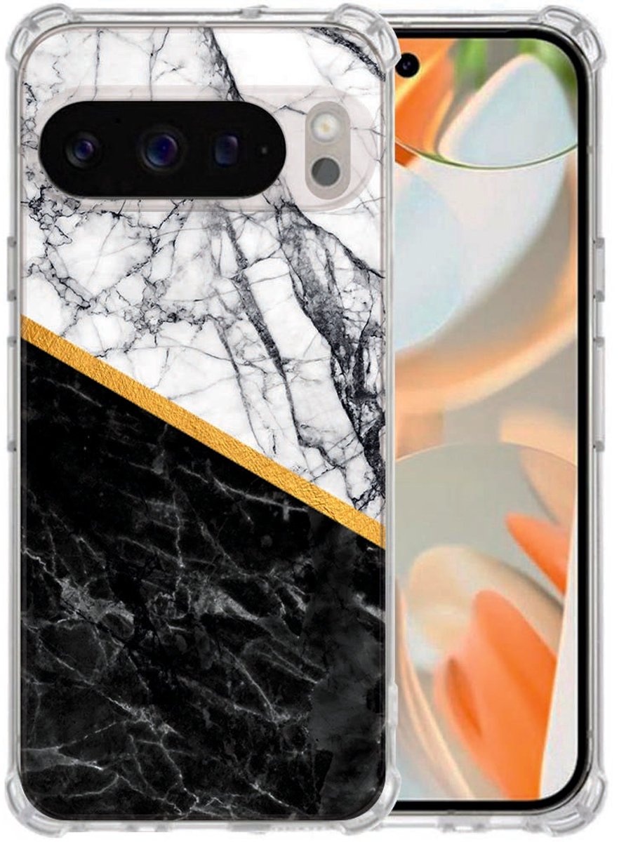 Google Pixel 10 Pro XL Hoesje Marmer Wit Zwart Schokbestendig Backcover