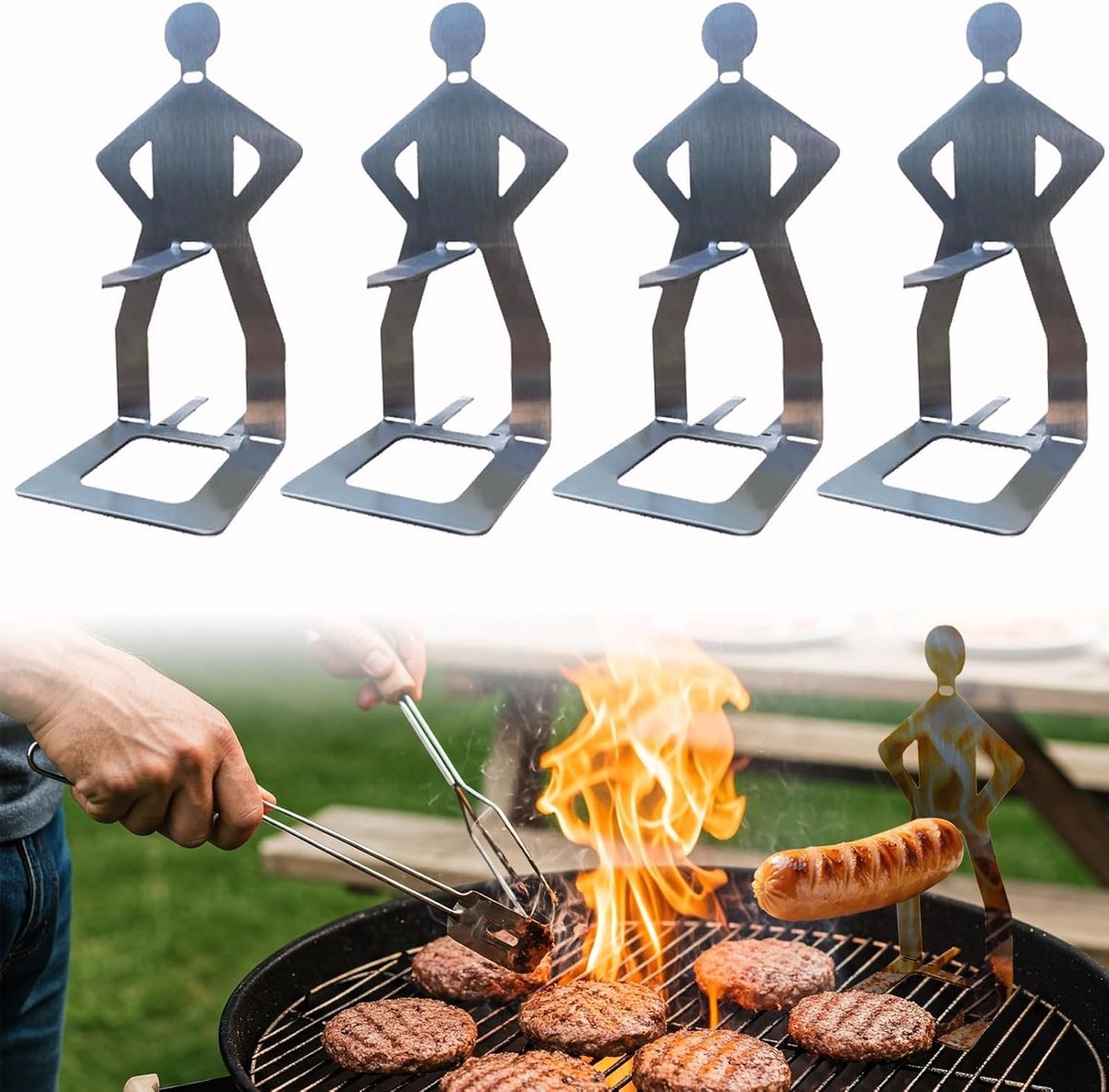 OLOEY Grappige Hotdoghouders in de vorm van een BBQ-mannetje-4 herbruikbare worsthouders van roestvrij staal-Draagbare hotdogroosters-Barbecue-accessoires-ideaal voor op de camping of als feestcadeau