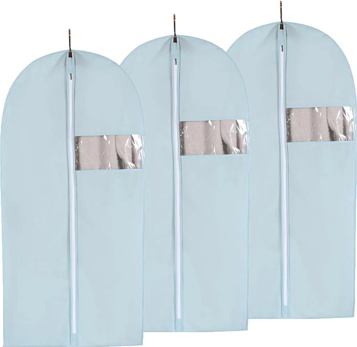 Driedelige set blauwe kledingopbergtassen met ritssluiting