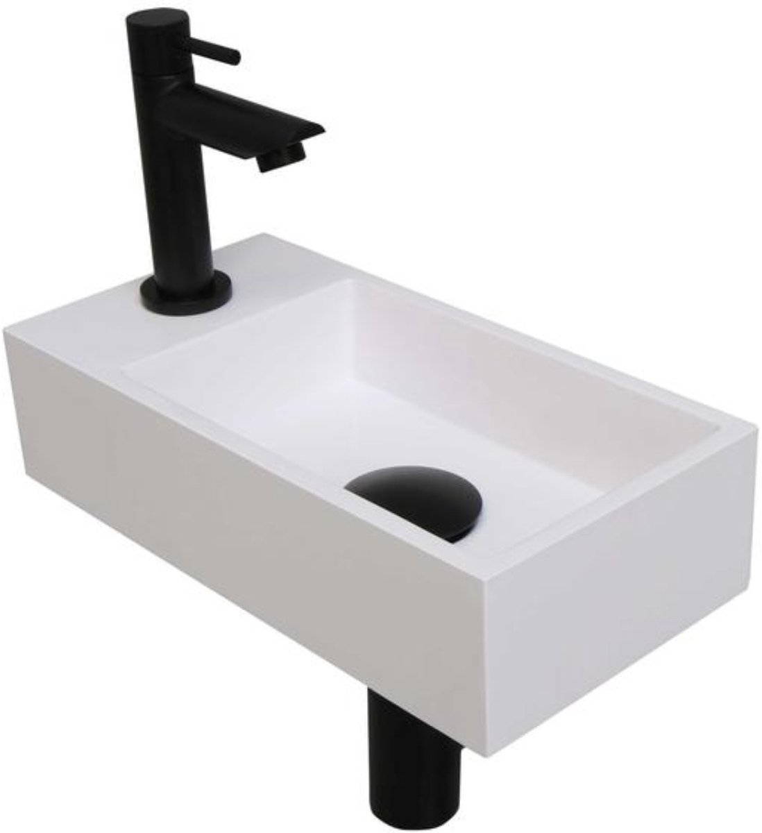 INK - Fonteinpack Polystone Links incl. Fonteinkraan - Design Sifon - Design Plug en Montageset - 360x180x90 Mm - Glans Wit/mat Zwart