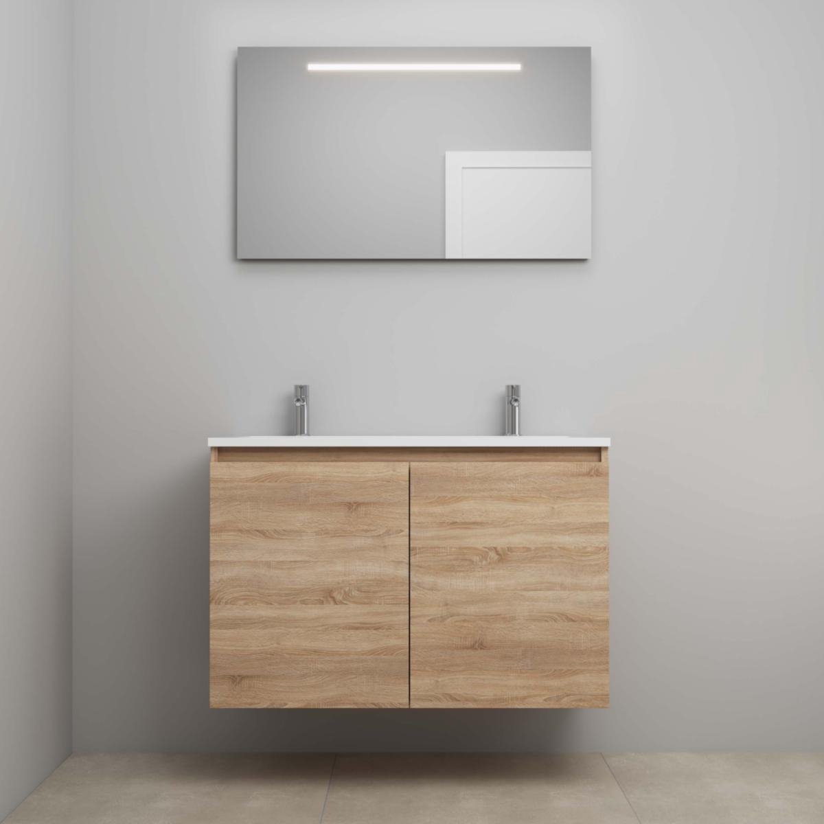 On-Line Badkamermeubelset - 100 cm - Voorgemonteerd - Greeploos 2 Deuren - Acryl Wastafel - 2 Kraangaten - Spiegel met LED-Verlichting - Eiken