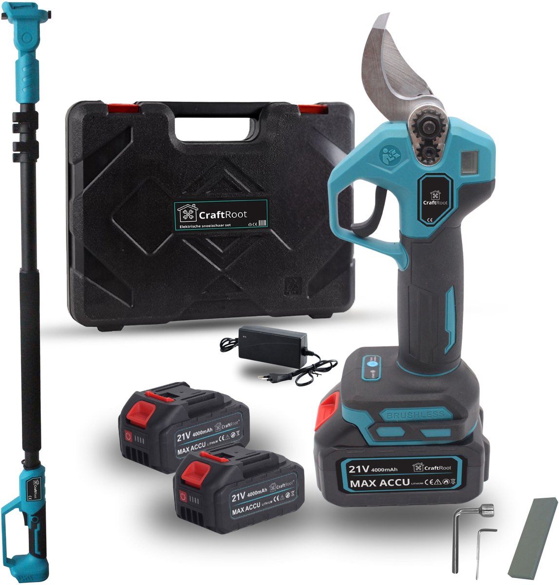 CraftRoot Elektrische Snoeischaar Incl. Opbergkoffer + Telescopische Verlengstok – tot 270cm Bereik en 2X 4.0Ah Accu’s- Professionele Draadloze Heggenschaar - 32mm Snijdiameter - Elektrische Takkenschaar - Tuin Snoei Schaar voor Heggen & Takken