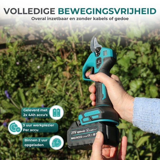 CraftRoot Elektrische Snoeischaar Incl. Opbergkoffer + Telescopische Verlengstok - tot 270cm Bereik en 2X 4.0Ah Accu’s- Professionele Draadloze Heggenschaar - 32mm Snijdiameter - Elektrische Takkenschaar - Tuin Snoei Schaar voor Heggen & Takken van CraftRoot — afbeelding 4