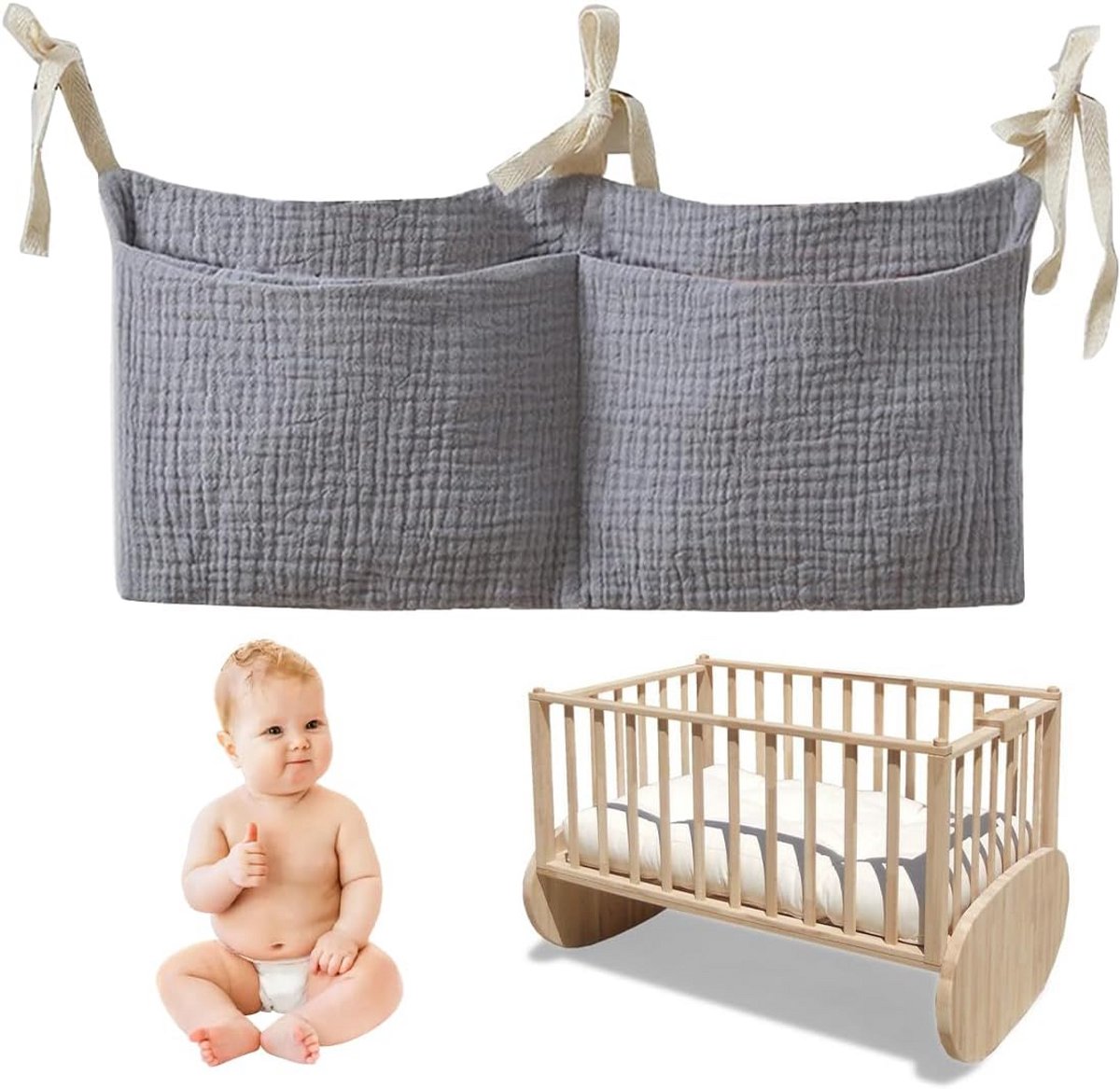 Children's Bed Hanging Bag, Bedside Bag, Nappy Organiser, Nursery Organizer, 2 Compartments, Suitable for Cot, Storage Bags (Blue)
