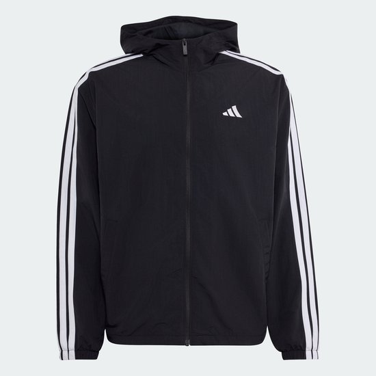Zwart Adidas windjack met capuchon en iconische witte 3-stripes op de mouwen.