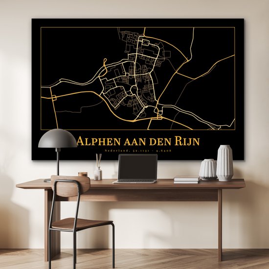 Décoration murale Métal - Aluminium - Carte - Alphen aan den Rijn - Zwart - Or - 150x100 cm