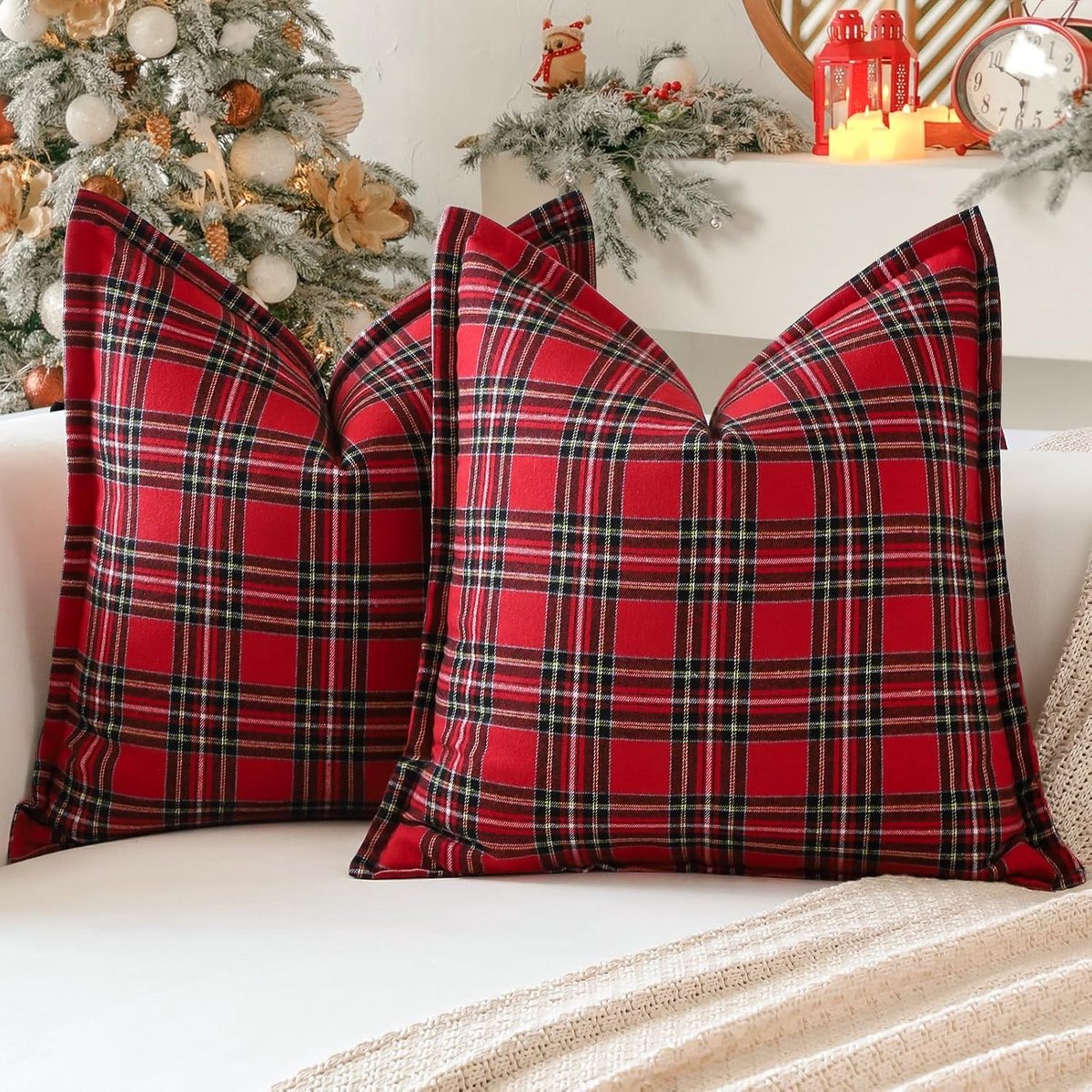 Set van 2 Kerst Tartan Schotse Kussenhoezen 45x45 - Linnen Decoratieve Plaid Sierkussens