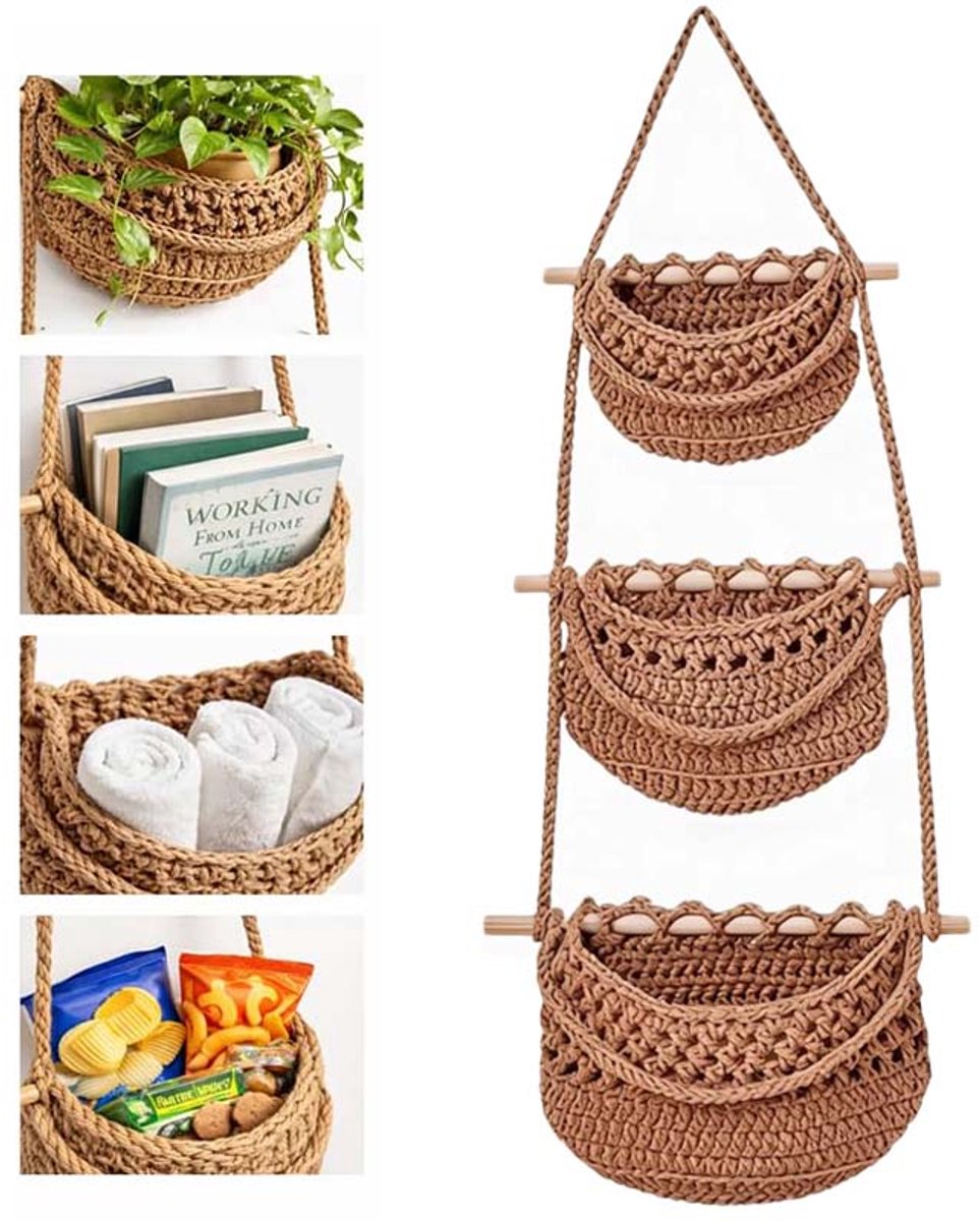 Gevlochten katoenen hangmand – 3 lagen – Fruitmand & organizer – Voor keuken, badkamer – Bruin