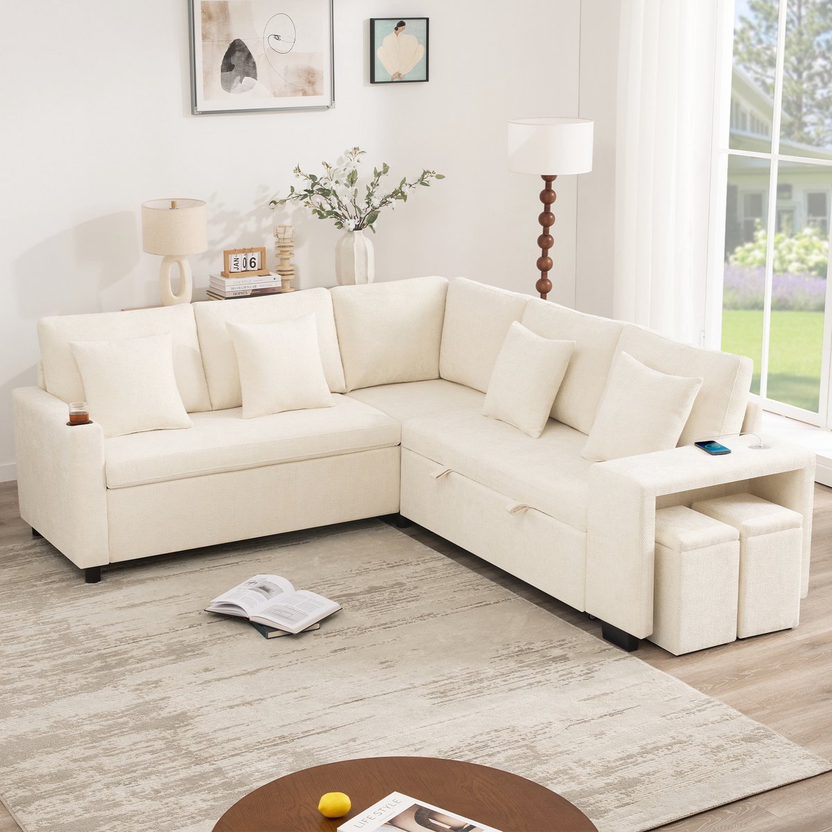 Wishdor Luxe Hoekslaapbank met Opbergruimte - Uitschuifbaar Bed, USB-C, Bekerhouder & 2 Verborgen Poefs - Chenille - Beige - 220x205x86,5 cm