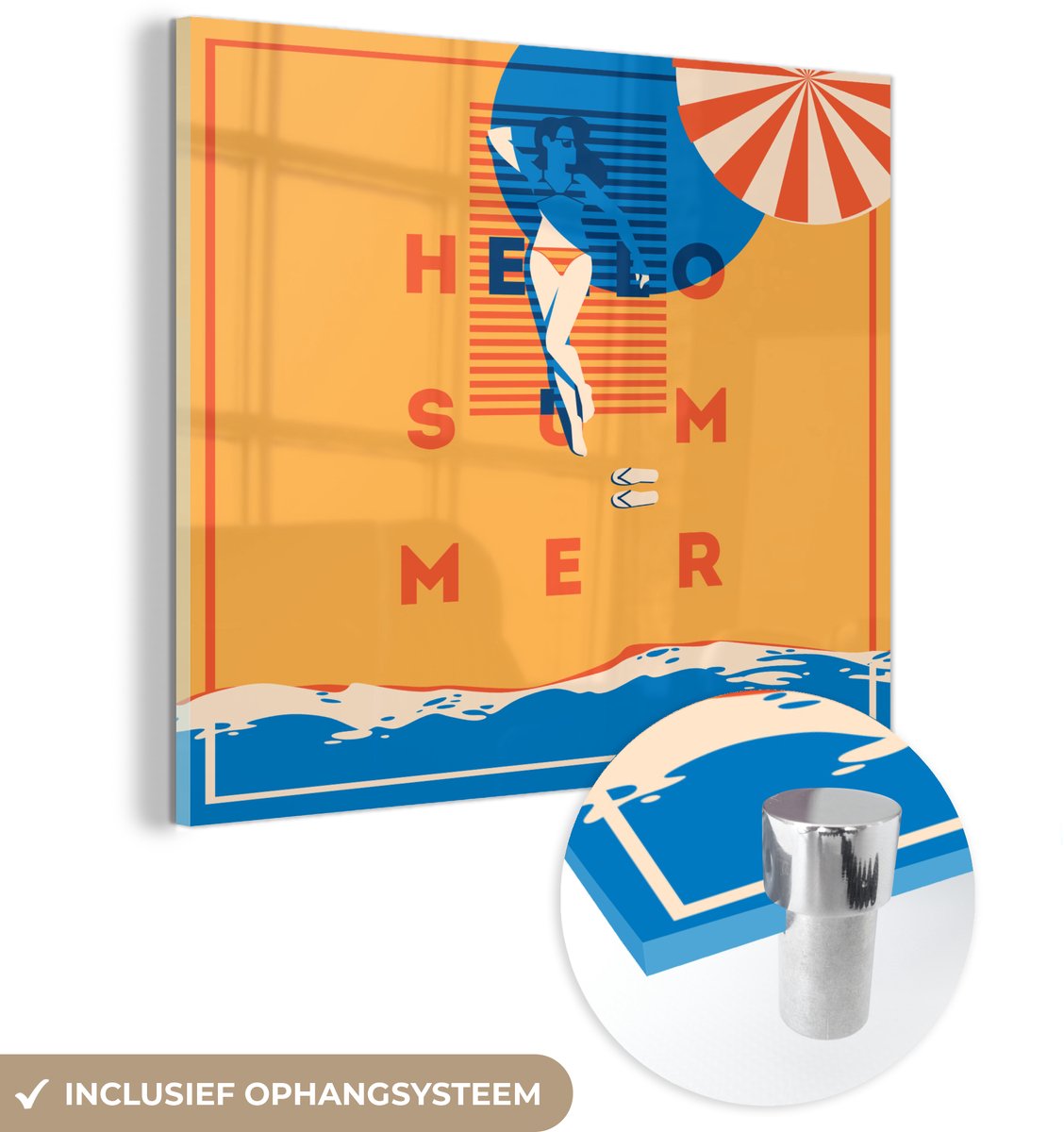 ® Glasschilderij 90x90 cm - Schilderij acrylglas - Spreuken - 'Hello summer' - Quotes - Parasol - Foto op glas - Muurdecoratie woonkamer - Wanddecoratie slaapkamer - Schilderijen