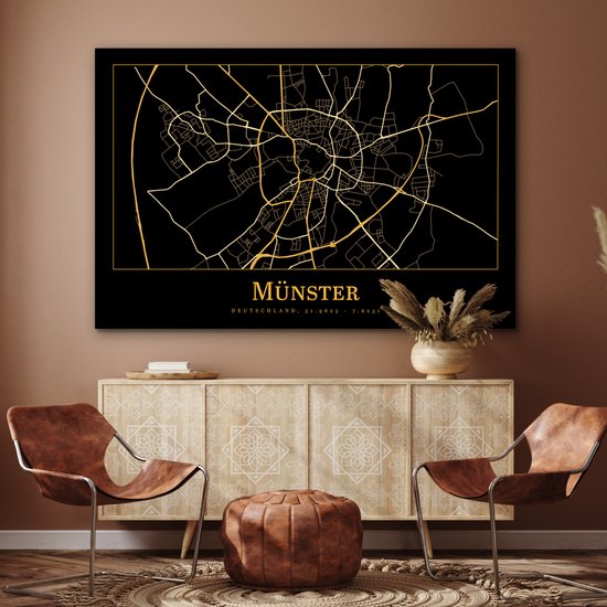 Aluminium schilderij 180x120 cm - Wanddecoratie metaal - Kaart - Münster - Duitsland - Goud - Zwart - Metalen muurdecoratie woonkamer - Decoratie industrieel - Foto op dibond - Industriële accessoires slaapkamer