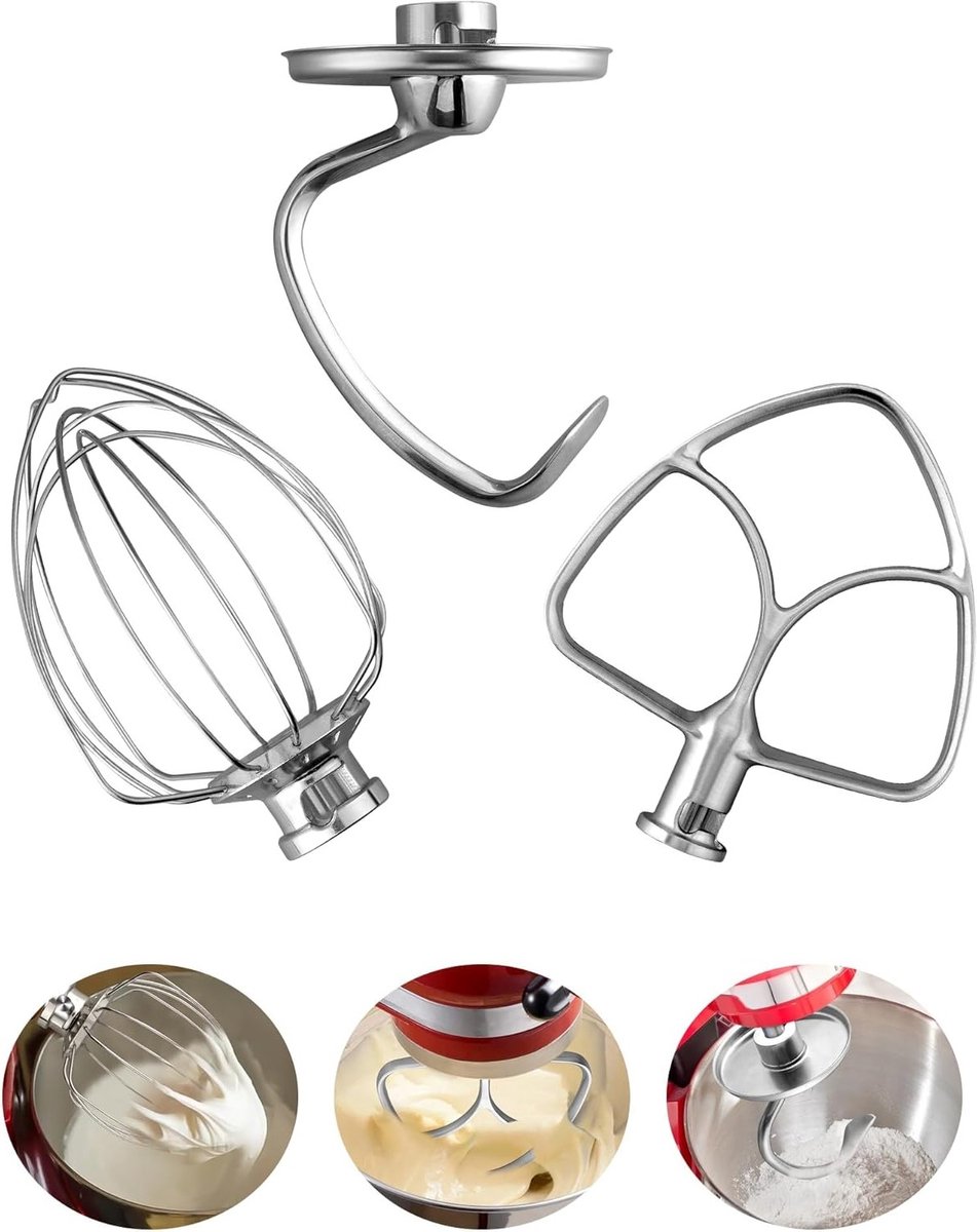 3-delige Mixer Accessoires voor Keukenmachine - RVS Klopper, Deeghaak en Platte Paddle voor 4.5-5 QT Keukenmachines