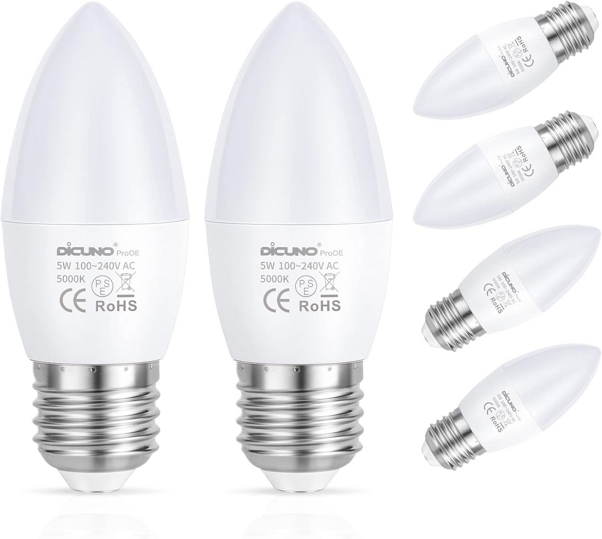 Set van 6 E27 Led Kaarslampen - 5W Vervanger 40W - Helder Wit Licht 5000K - Hoge Kleurweergave CRI>98