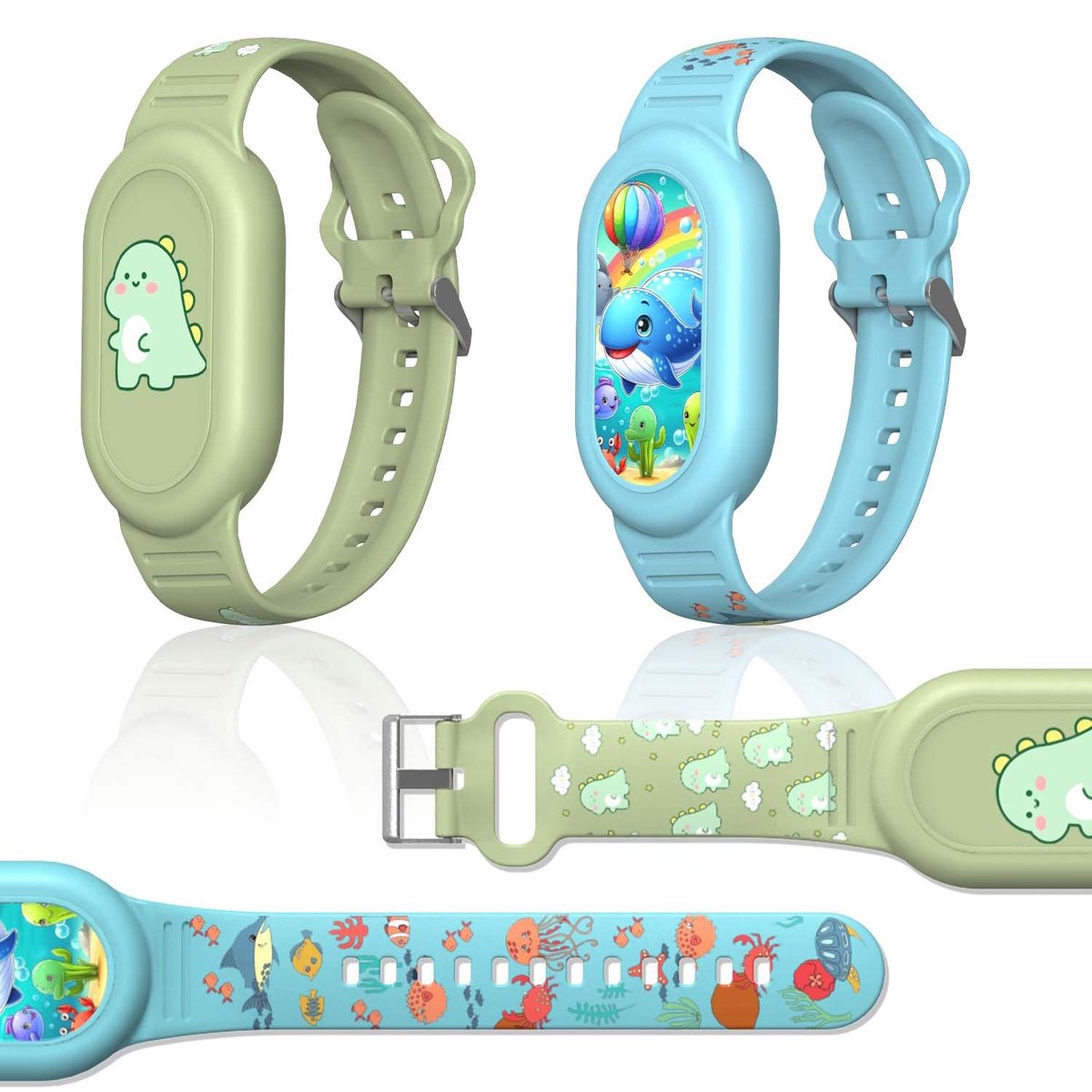 Namajunas - Schattige armband voor Galaxy SmartTag 2 (2023) - Horlogebandje - Siliconen armbandhouder jongen - 2 verstelbare waterdichte armbanden 2 hoezen - 360° bescherming, stootvast krasbestendig - Groene dinosaurus en blauwe walvis