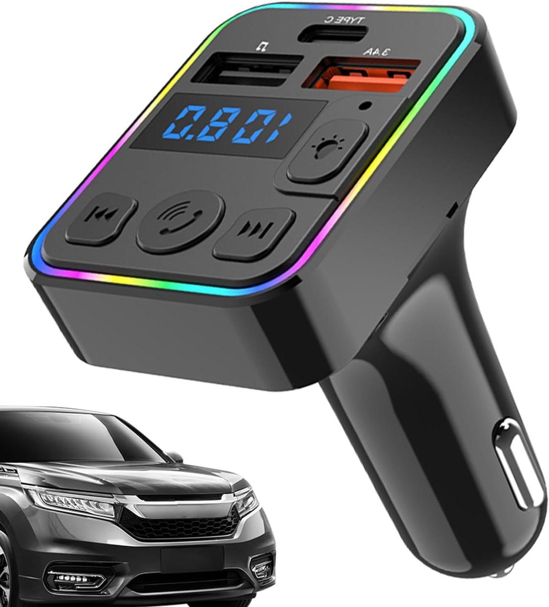 Auto Muziekadapter - FM Zender - Muziek Streamen - Dubbele USB Type C - 83 x 50 mm - Zwart