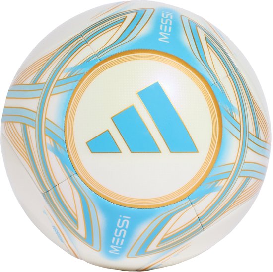 Voetbal met Adidas logo en Messi tekst in blauw en goud op een witte achtergrond.