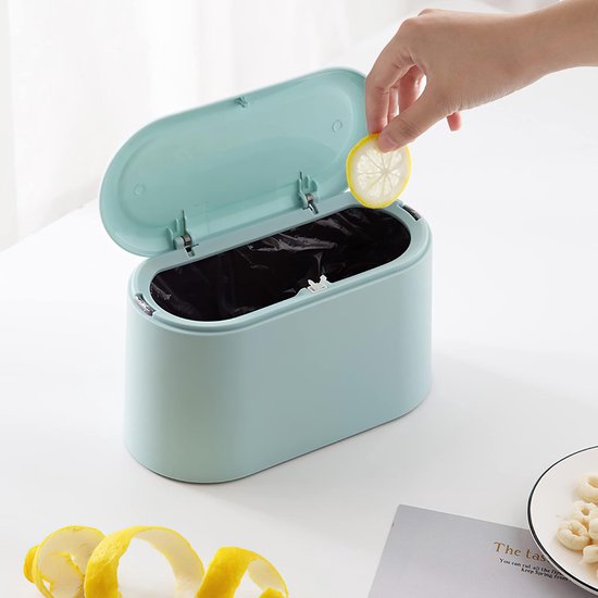Mini-afvalbakje met deksel – Klein afvalemmertje, compact kunststof bakje, pop-up tafelafvalbakje – Afval- en pluizenbakje voor aanrecht, badkamer, kantoor en bureau - blue