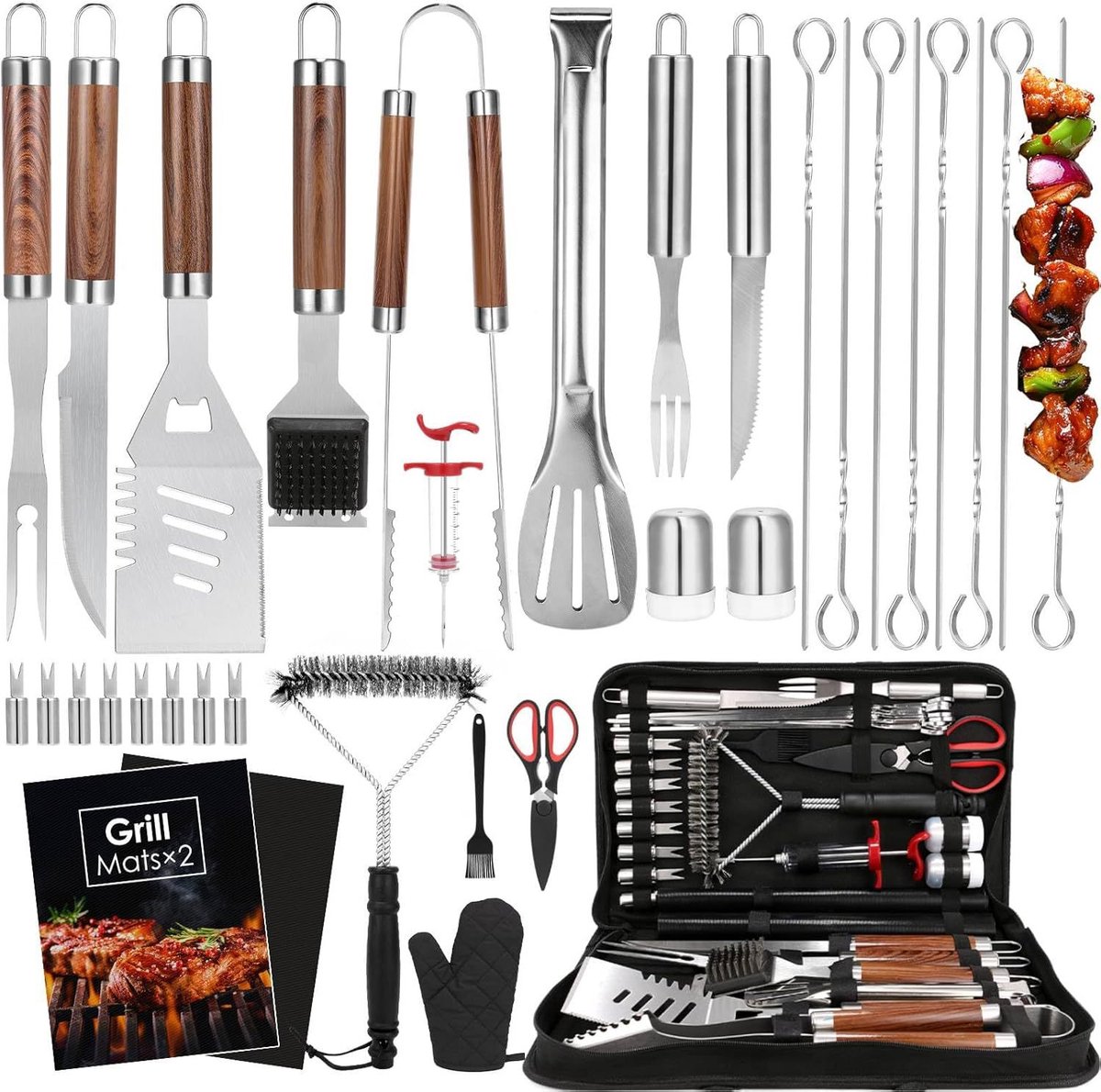 Barbecue gereedschapset - Grillkorf - Barbecue - Accessoire - Gereedschap - BBQ Gereedschapsset - Roestvrij Staal Barbecue Servies - Cadeau voor Mannen, Inclusief Draagtas - 34stuks