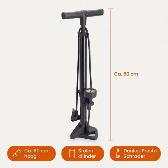 Cheqo® Fietspomp Staand - Vloerpomp met Manometer en Drukmeter - Geschikt voor Alle Ventielen - Dunlop Ventiel - Presta Ventiel - Schrader Ventiel - Hogedruk Pomp - Dubbele Ventielkop - Ballenpomp - Luchtpomp - Fietsaccessoires - Zwart — afbeelding 3