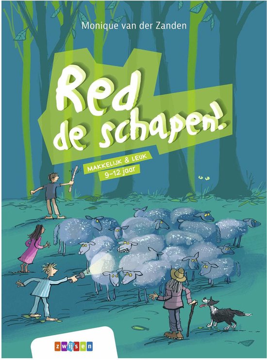 Boekkaft met illustratie van Monique van der Zanden: 'Red de schapen!', makkelijk & leuk, 9-12 jaar. Een hond drijft schapen in een bos.