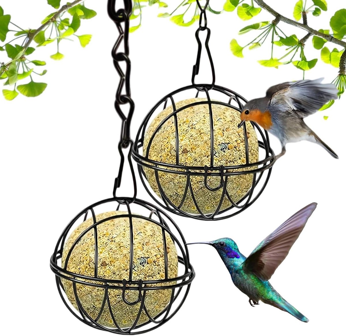Voederhuisje Vetbol - Voerdispenser Vogel - Vogels Voeren - Roestvrij Metaal - Set van 2 - Zwart